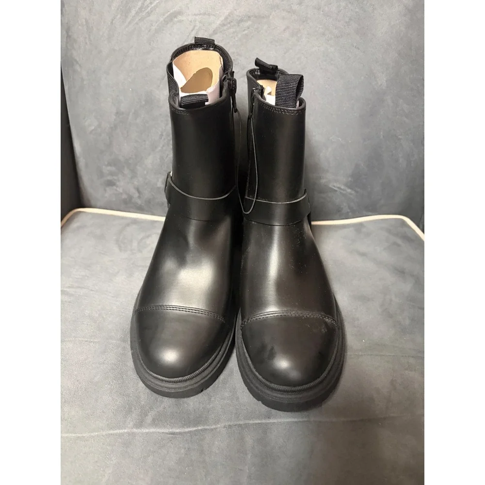 Art Class Kids Black Moto Harness Boots Side Zip Cap Toe Lug Sole Size 4 NWT